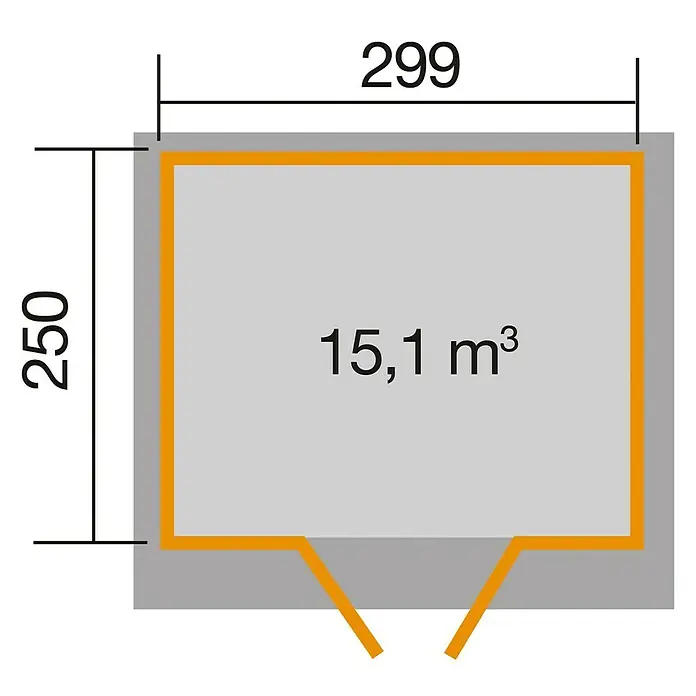 Weka Gerätehaus 325 - Holz, 7,493 m², Wandstärke: 19 mm - Grundriss eines Raumes mit den Maßen 250 x 299 und einem Volumen von 15,1 m³.