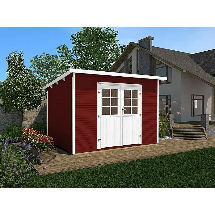 Weka Gartenhaus 219 - Außenmaß inkl. Dachüberstand (B x T): 320 x 278 cm, Holz, Schwedenrot/Weiß - Rotes Holzgartenhaus mit weißen Doppeltüren und weißen Akzenten auf einer Holzterrasse vor einem Haus.