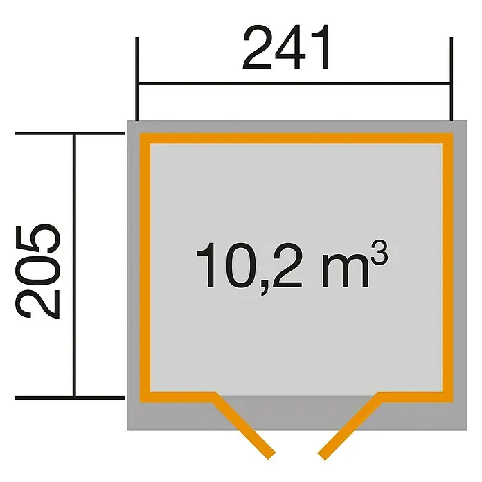 Weka Gartenhaus 218 - Außenmaß inkl. Dachüberstand (B x T): 260 x 239 cm, Holz, Natur, 4,941 m² - Abbildung eines quadratischen Gartenhauses mit den Maßen 241 x 205 und einem Volumen von 10,2 m³.