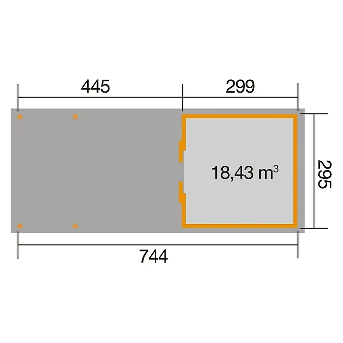 Weka Gartenhaus 225 B - Außenmaß inkl. Dachüberstand (B x T): 766 x 336 cm, Holz, Natur, 22,036 m² - Grundriss des Gartenhauses mit Maßangaben (445, 299, 295, 744) und Volumenangabe (18,43 m³).
