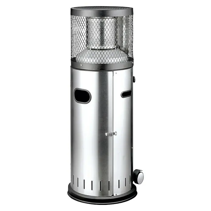 Enders Estufa de exterior Polo - 3 kW - 6 kW, Altura: 115 cm - En la imagen se ve un calentador de patio de acero inoxidable con rejilla protectora y puerta, diseñado para uso exterior.