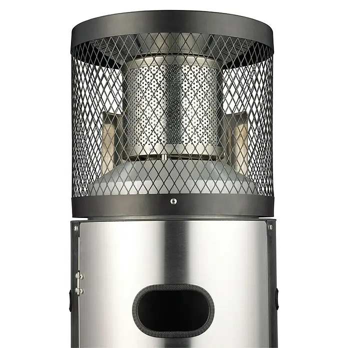 Enders Estufa de exterior Polo - 3 kW - 6 kW, Altura: 115 cm - Primer plano de un calentador de patio plateado con una parte superior de rejilla metálica negra.
