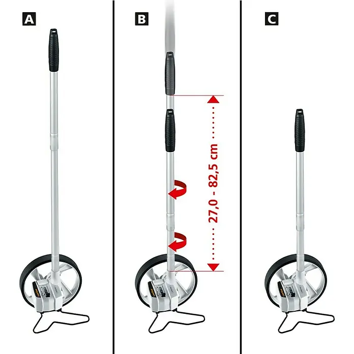 Laserliner Messrad RollPilot Mini - Messbereich: 0 - 9999,9 m - Aufbauanleitung für ein Präzisions-Messrad: Unterschiedliche Stufen der Teleskopstange zur genauen Messung von Distanzen.
