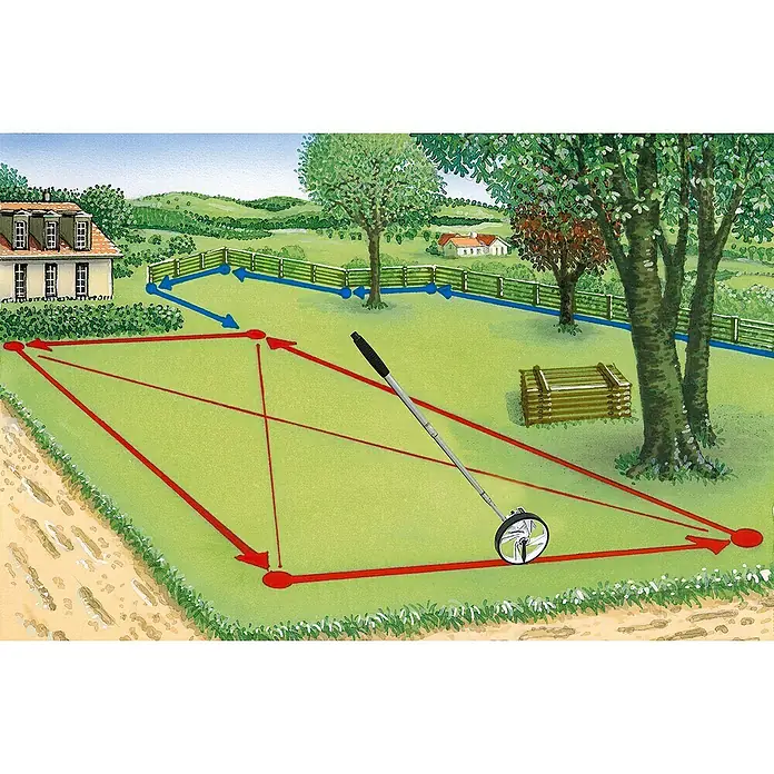 Laserliner Messrad RollPilot Mini - Messbereich: 0 - 9999,9 m - Gartenansicht mit Messrad zur Flächenberechnung. Das Gerät ermöglicht präzise Messungen für Gartenplanung und Gestaltung.
