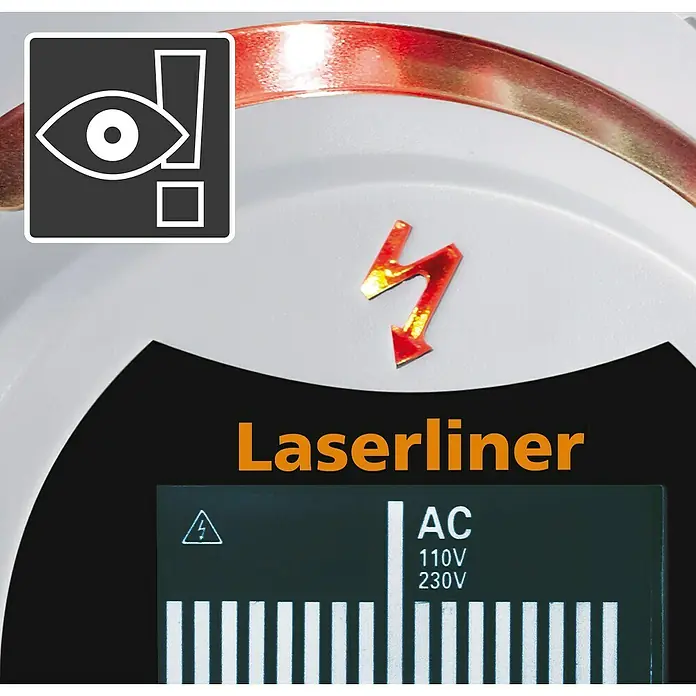 Laserliner Ortungsgerät CombiFinder Plus - Geeignet für: Aufspüren von spannungsführenden Leitungen und Metall, Erfassungstiefe: Max. 75 mm Eisenmetalle - Nahaufnahme eines Laserliner-Geräts mit Warnsymbolen für Augenschutz & Stromschlag, das auf AC 110V/230V eingestellt ist.