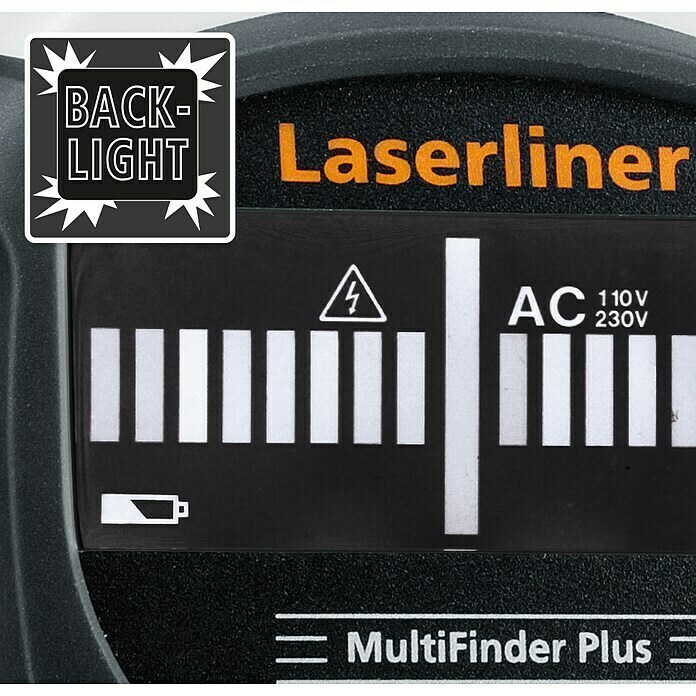 Laserliner Ortungsgerät MultiFinder PlusGeeignet für: Aufspüren von spannungsführenden Leitungen, Holz und Metall, Erfassungstiefe: Max. 40 mm Holz/Metall Detail Shot