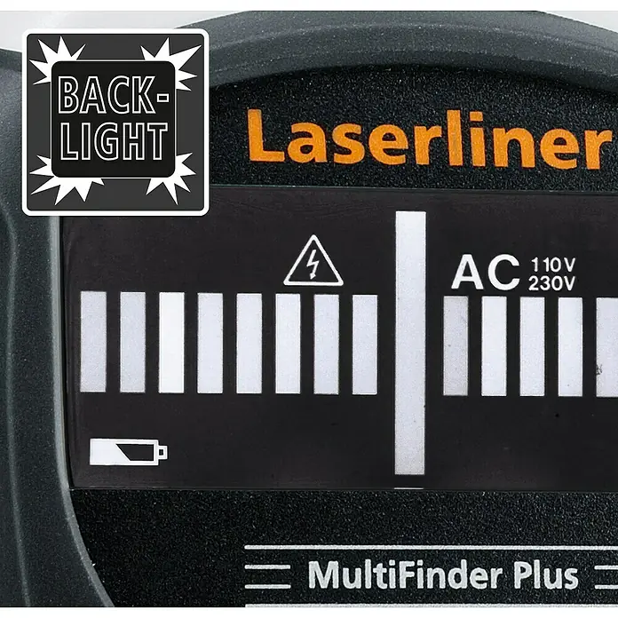 Laserliner Ortungsgerät MultiFinder Plus - Geeignet für: Aufspüren von spannungsführenden Leitungen, Holz und Metall, Erfassungstiefe: Max. 40 mm Holz/Metall - Nahaufnahme des Laserliner MultiFinder Plus Displays, das Batteriestatus, AC-Spannung und Signalstärke anzeigt.