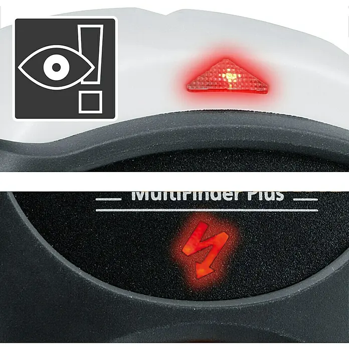 Laserliner Ortungsgerät MultiFinder Plus - Geeignet für: Aufspüren von spannungsführenden Leitungen, Holz und Metall, Erfassungstiefe: Max. 40 mm Holz/Metall - Nahaufnahme eines MultiFinder Plus mit Warnsymbolen und roter LED-Anzeige, die seine Funktionen hervorheben.