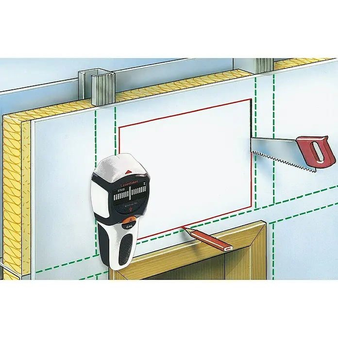 Laserliner Ortungsgerät MultiFinder Plus - Geeignet für: Aufspüren von spannungsführenden Leitungen, Holz und Metall, Erfassungstiefe: Max. 40 mm Holz/Metall - Ein Werkzeug-Set, inklusive einem Laserliner-Detektor und einer Handsäge, wird für Arbeiten an einer Innenwand verwendet.