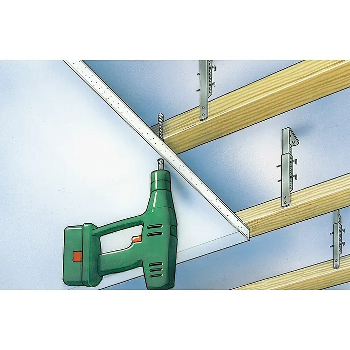 Laserliner Ortungsgerät MultiFinder Plus - Geeignet für: Aufspüren von spannungsführenden Leitungen, Holz und Metall, Erfassungstiefe: Max. 40 mm Holz/Metall - Illustration einer grünen Bohrmaschine, die an einer Decke arbeitet, um ein Paneel zu befestigen, zusammen mit Holzrahmen und Halterungen.