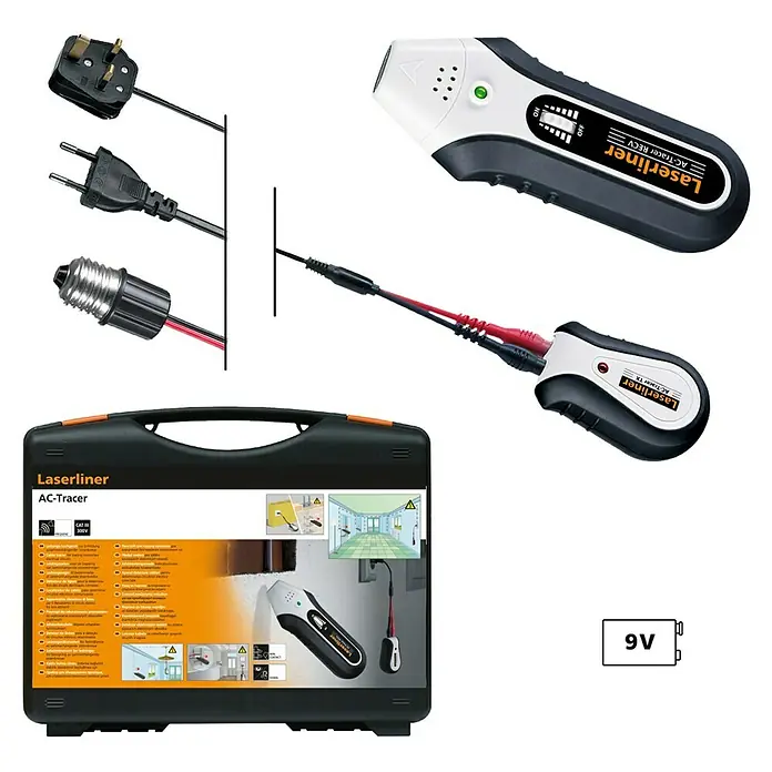 Laserliner Leitungssuchgerät AC-Tracer - Geeignet für: Ermittlung zusammenhängender Stromkreise - Das Laserliner AC-Tracer Set mit Sender, Empfänger, Zubehör und einer praktischen Tragetasche zum Auffinden von Stromleitungen.