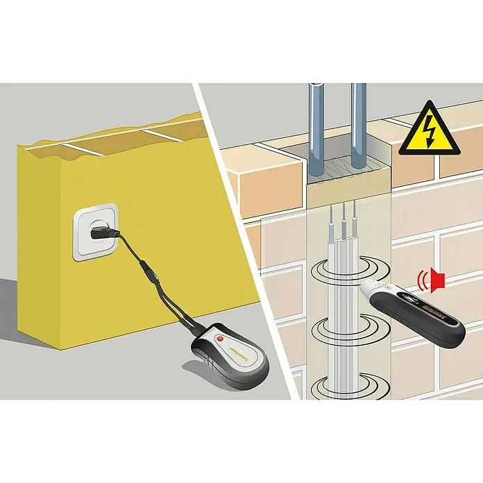 Laserliner Leitungssuchgerät AC-Tracer - Geeignet für: Ermittlung zusammenhängender Stromkreise - Illustration mit einem Laserliner-Ortungsgerät an einer Wand, um elektrische Leitungen zu finden.
