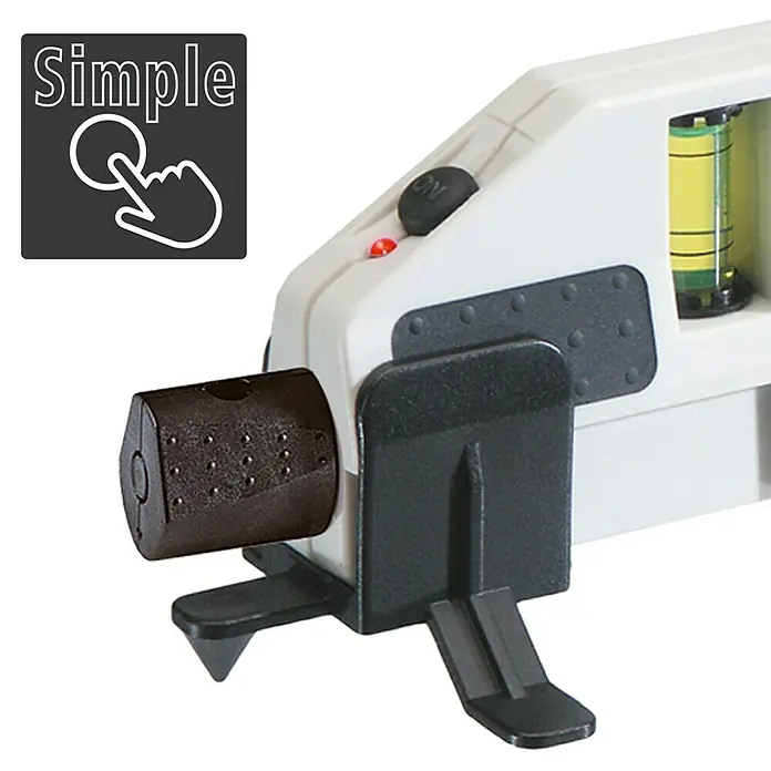 Laserliner Laserwasserwage HandyLaser Plus - Max. Arbeitsbereich: 50 m - Nahaufnahme eines weißen Nivelliergeräts mit schwarzem Zubehör und Wasserwaage.