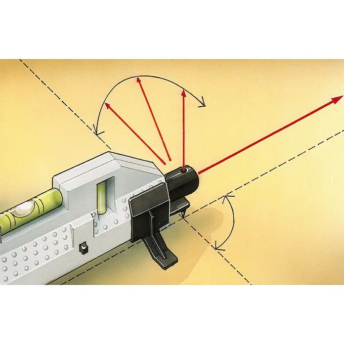 Laserliner Laserwasserwage HandyLaser Plus - Max. Arbeitsbereich: 50 m - Eine Laser-Wasserwaage ist abgebildet, die rote Laserstrahlen aussendet, um eine horizontale oder vertikale Linie zu projizieren, und dabei die Nivellierung erleichtert.