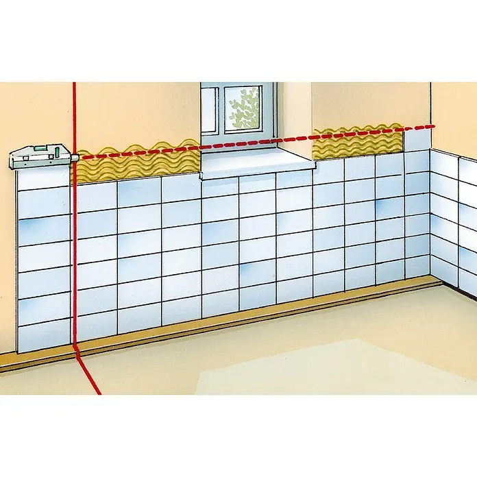 Laserliner Laserwasserwage HandyLaser Plus - Max. Arbeitsbereich: 50 m - Installation von weißen Fliesen mit schwarzen Fugen im Badezimmer. Eine Wasserwaage sorgt für waagerechte Ausrichtung der Fliesen.