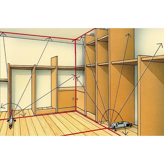 Laserliner Laserwasserwage HandyLaser Plus - Max. Arbeitsbereich: 50 m - Illustration eines Raumes mit eingebauten Regalen, wobei ein Laser-Nivelliergerät für präzise Ausrichtung genutzt wird.