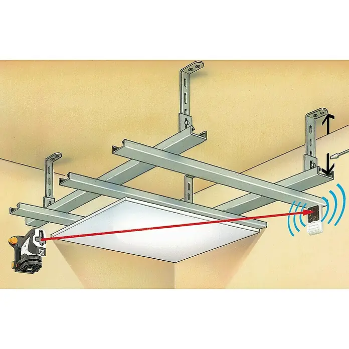 Laserliner Laserempfänger RangeXtender - Max. Arbeitsbereich: 30 m - Rasterdecke Installation mit Nivelliergerät und justierbaren Aufhängungen für perfekte Ausrichtung.