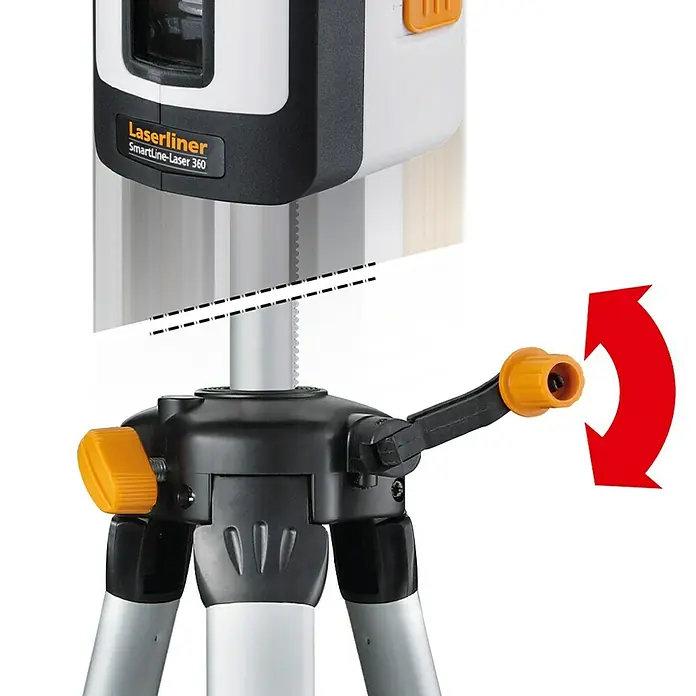 Laserliner Kreuzlinienlaser SmartLine-Laser Set - Max. Arbeitsbereich: 20 m - Nahaufnahme eines Laserliner SmartLine-Laser 360 auf einem Stativ mit Drehmechanismus zur Höhenverstellung.