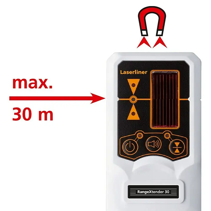 Laserliner Kreuzlinienlaser SmartLine-Laser Set - Max. Arbeitsbereich: 20 m - Nahaufnahme des Laserliner RangeXtender 30, einem Gerät zur Erweiterung der Reichweite von Lasermessgeräten, mit Magnetbefestigung.