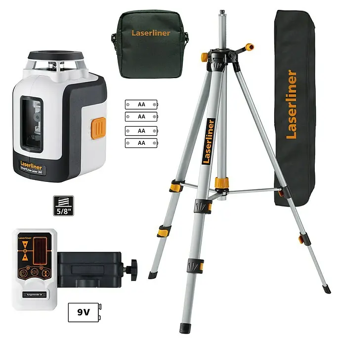 Laserliner Kreuzlinienlaser SmartLine-Laser Set - Max. Arbeitsbereich: 20 m - Ein Laserliner SmartLine-Laser 360 Set mit Stativ, Tasche, Batterien und Empfänger für präzise Nivellierung.