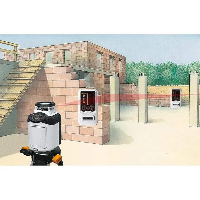 Laserliner Kreuzlinienlaser SmartLine-Laser Set - Max. Arbeitsbereich: 20 m - Illustration eines Laserliner-Nivelliergeräts beim Einsatz auf einer Baustelle zur präzisen Ausrichtung und Nivellierung von Mauern.