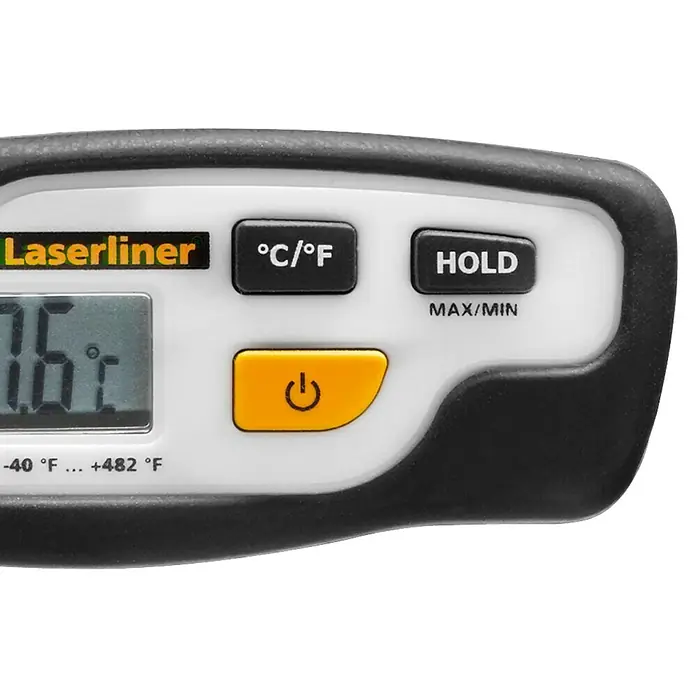 Laserliner Temperaturmessgerät Thermotester - Messbereich: -40 °C bis +250 °C - Nahaufnahme eines Laserliner-Thermometers mit LCD-Display und Tasten zur Temperaturmessung und -einstellung.