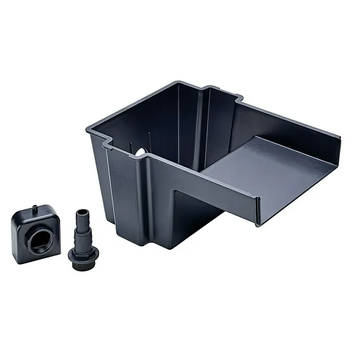 Pontec Einbau-Wasserfall Pondofall - 32,5 x 27 x 16 cm - Bild einer schwarzen Teichfilterbox für Gartenteiche, inklusive Zubehör. Der Filter sorgt für sauberes Wasser und eine attraktive Wasserfallfunktion.
