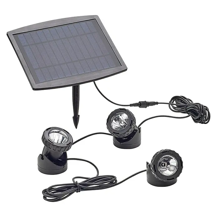 Pontec Teichbeleuchtung Pondosolar LED Set 3 - 3 Stk., Solarbetrieben - Solarbetriebenes Teichbeleuchtungsset mit drei LED-Leuchten und einem Solarpanel für den Außenbereich.