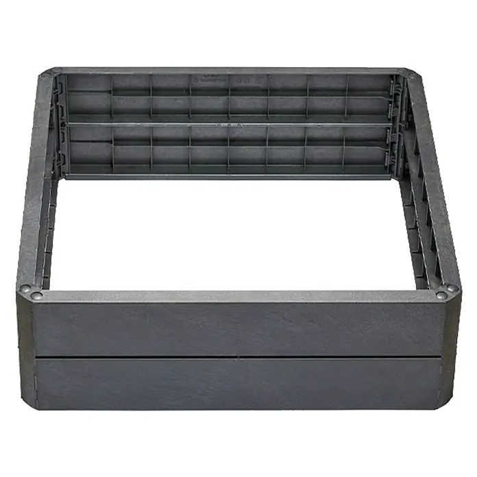Garantia Hochbeet Ergo Quadro L - 80 x 80 x 25 cm, Kunststoff, Anthrazit, Schieferoptik - Das Bild zeigt einen erhöhten, rechteckigen Pflanzkasten in dunklem Grau, ideal für Garten und Terrasse. Er bietet viel Platz für Pflanzen.