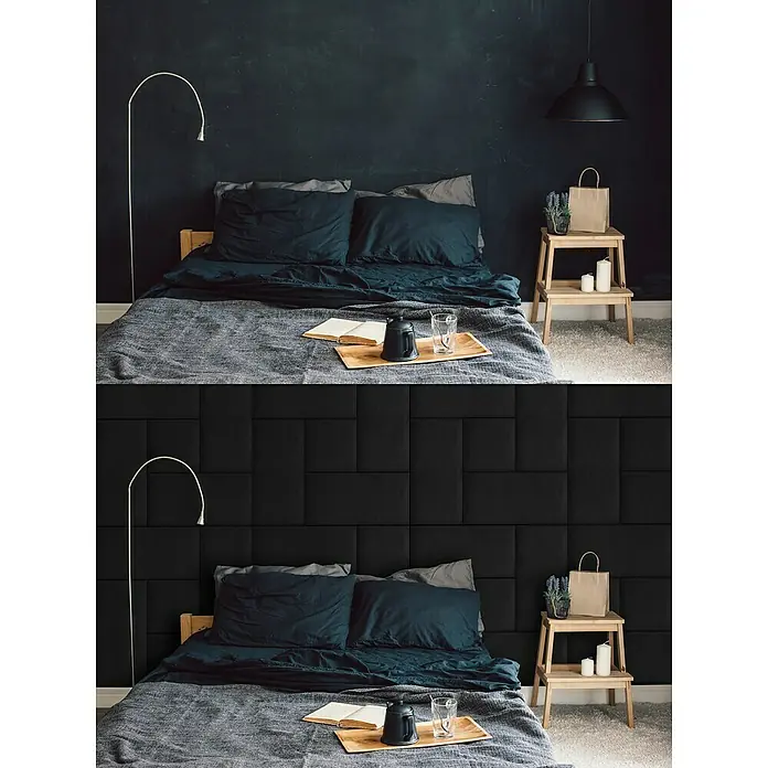 Fllow Wandpolster Velvet - Schwarz, L x B: 60 x 30 cm - Schlafzimmer mit einem Bett und einer Wand mit rechteckigen, schwarzen Akustikpaneelen. Die Akustikpaneele bieten Schallschutz und verbessern die Raumakustik.