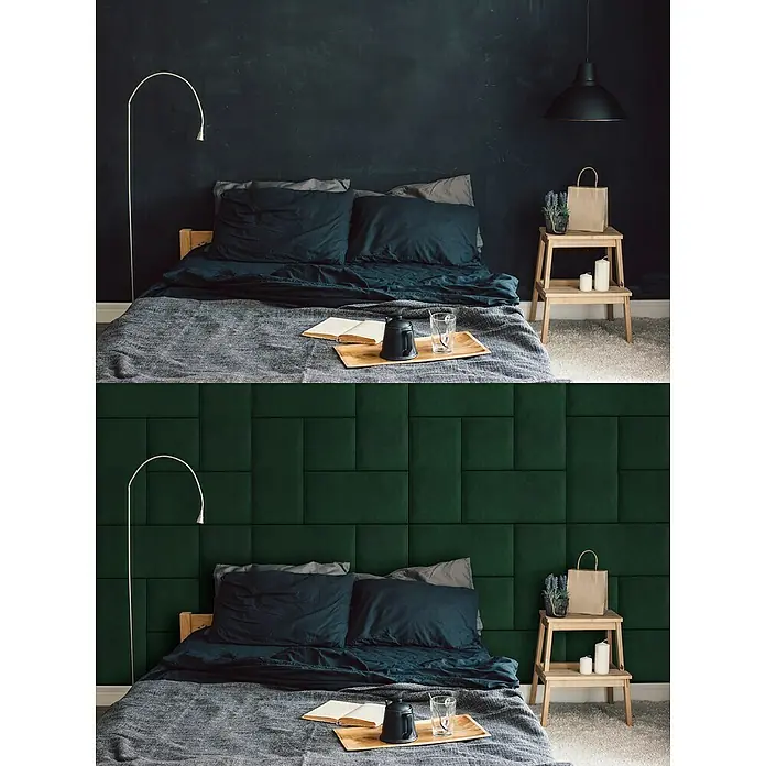 Fllow Wandpolster Velvet - Grün, L x B: 60 x 30 cm - Gemütliches Schlafzimmer mit modernem, dunkelgrünem Wandpaneel als dekorativem Blickfang.