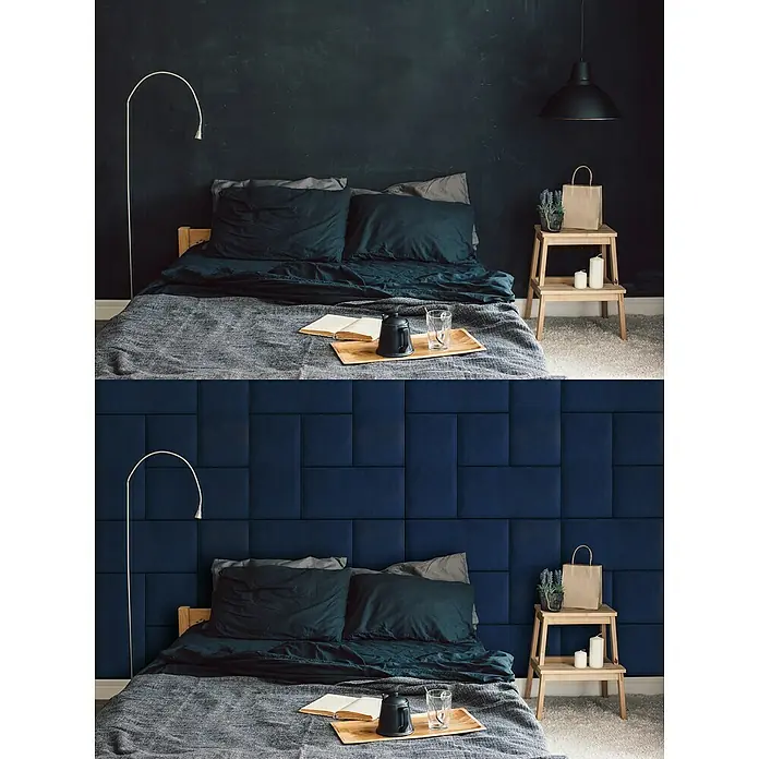 Fllow Wandpolster Velvet - Blau, L x B: 30 x 30 cm - Schlafzimmer mit gepolstertem Kopfteil und Nachttisch. Das elegante Kopfteil sorgt für einen gemütlichen und stilvollen Look im Raum.