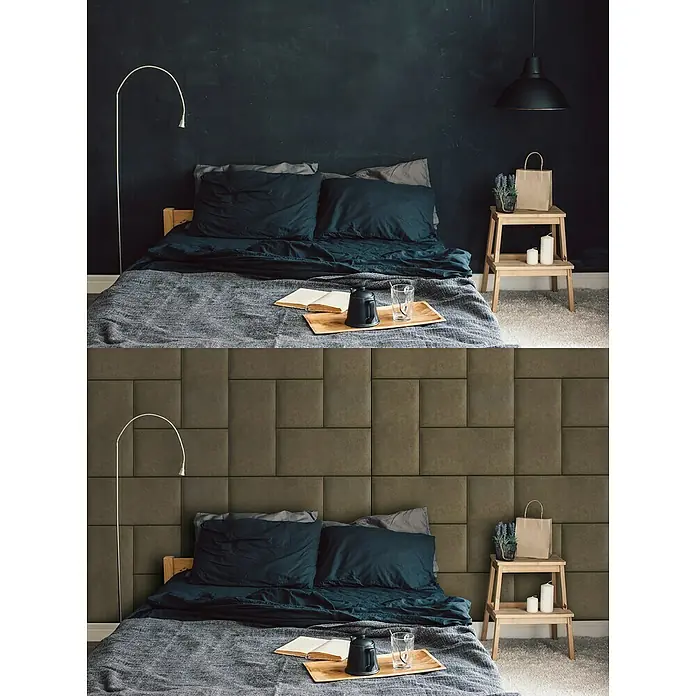 Fllow Wandpolster Velvet - Taupe, L x B: 60 x 30 cm - Schlafzimmer mit einem dunklen Akzentwand und einem mit gepolsterten Paneelen versehenen Bettkopfteil, das ein Gefühl von Wärme und Stil verleiht.