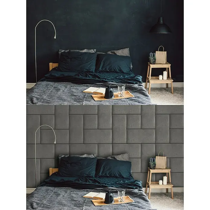 Fllow Wandpolster Velvet - Grau, L x B: 30 x 30 cm - Das Bild zeigt eine Schlafzimmergestaltung mit einer Akzentwand aus grauen Polsterpaneelen hinter dem Bett, die eine moderne und stilvolle Atmosphäre schaffen.