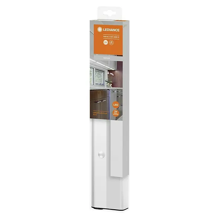 Osram Linear LED-Unterbauleuchte LED Flat - 6 W, Länge: 370 mm, Kaltweiß - Verpackung einer LEDVANCE Linear LED Flat ECO Leuchte, 320lm, 5W, 4000K, ideal für den Innenbereich mit 3 Jahren Garantie.