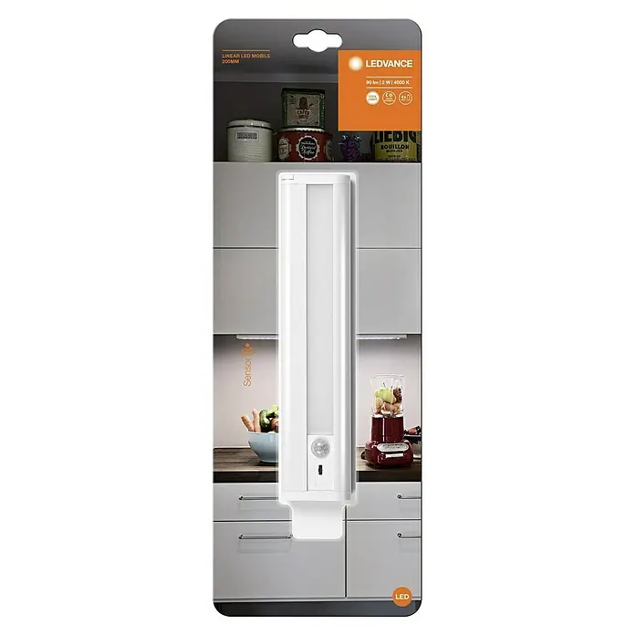 Ledvance LED-Unterbauleuchte Mobile - 1,9 W, Bewegungssensor, L x B x H: 21,4 x 4,8 x 1,8 cm, Weiß - Das Bild zeigt eine LEDVANCE Linear LED Mobile Leuchte in einer Produktverpackung vor einem Küchendekor.