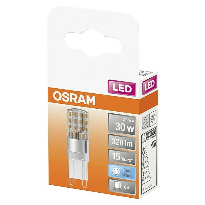 Osram Star LED-Lampe Pin G9 - G9, Nicht Dimmbar, Kaltweiß, 320 lm, 2,6 W - Nahaufnahme der Verpackung einer Osram LED-Lampe mit Spezifikationen wie 30W Leistung und langer Lebensdauer.