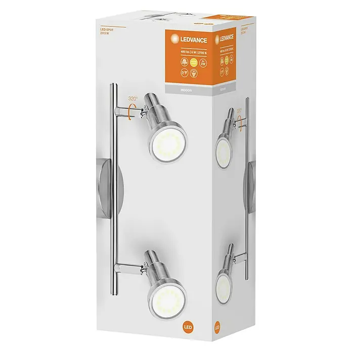 Osram LED-Deckenstrahler - 5,2 W, L x B x H: 275 x 80 x 146 mm, Nickel matt, Warmweiß, 2 Stk. - Nahaufnahme der Verpackung eines LEDVANCE LED-Spots 2x3W, der sich ideal für die Innenraumbeleuchtung eignet, mit verstellbarem Licht.