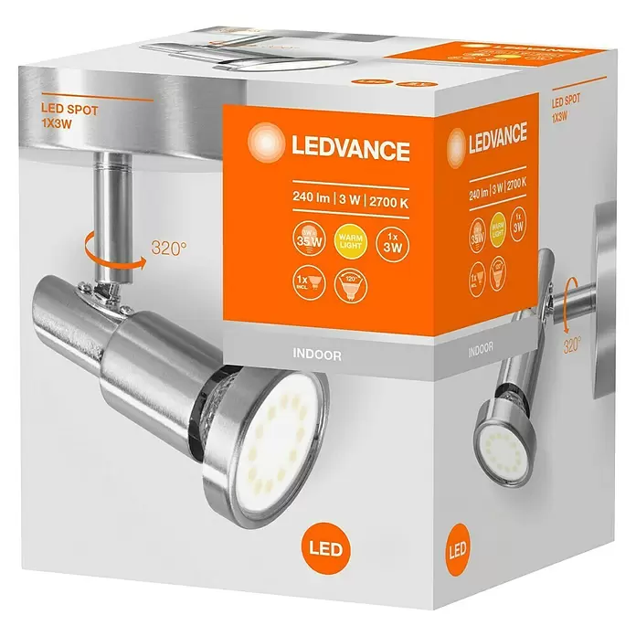 Osram LED-Deckenstrahler - 2,6 W, L x B x H: 80 x 80 x 130 mm, Nickel matt, Warmweiß, 1 Stk. - Diagonale Ansicht