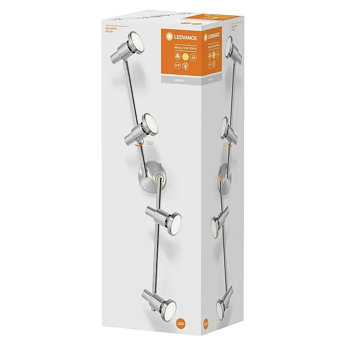 Osram LED-Deckenstrahler - 10,4 W, L x B x H: 675 x 80 x 155 mm, Nickel matt, Warmweiß, 4 Stk. - Bild einer LEDVANCE-Verpackung mit einer LED-Leuchte mit vier Strahlern, die sich um 320° drehen lassen und für den Innenbereich geeignet sind.