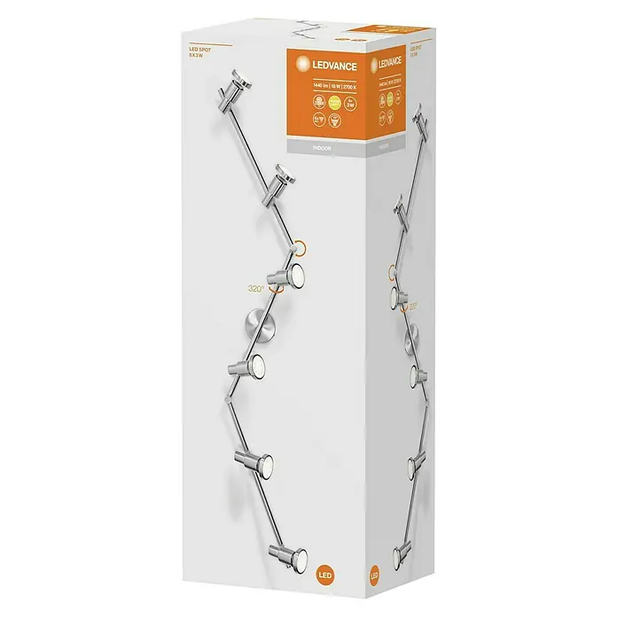 Osram LED-Deckenstrahler - 15,6 W, L x B x H: 1.190 x 80 x 170 mm, Nickel matt, Warmweiß, 6 Stk. - Produktverpackung der LEDVANCE LED-Spotleuchte mit 6x3W. Moderne Innenbeleuchtung mit verstellbaren Spots für flexibles Lichtdesign im Wohnraum.