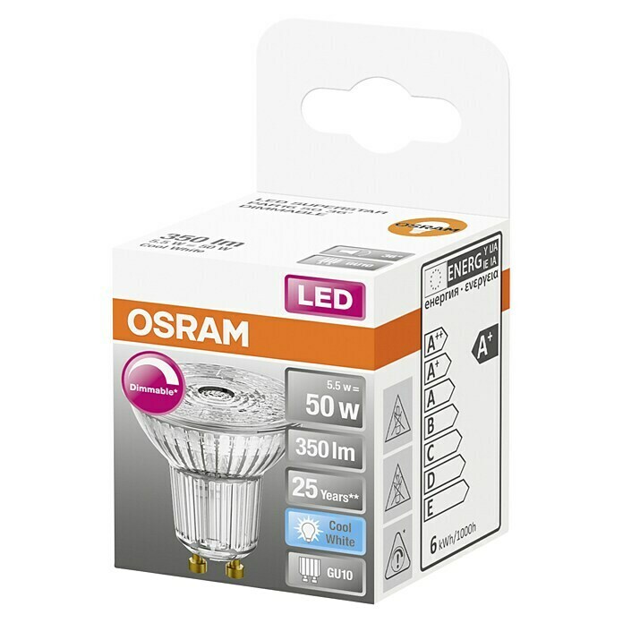 Osram LED-Reflektorlampe Superstar PAR16 (4,6 W, GU10, Abstrahlwinkel: 36°, Kaltweiß, Energieeffizienzklasse: A+)