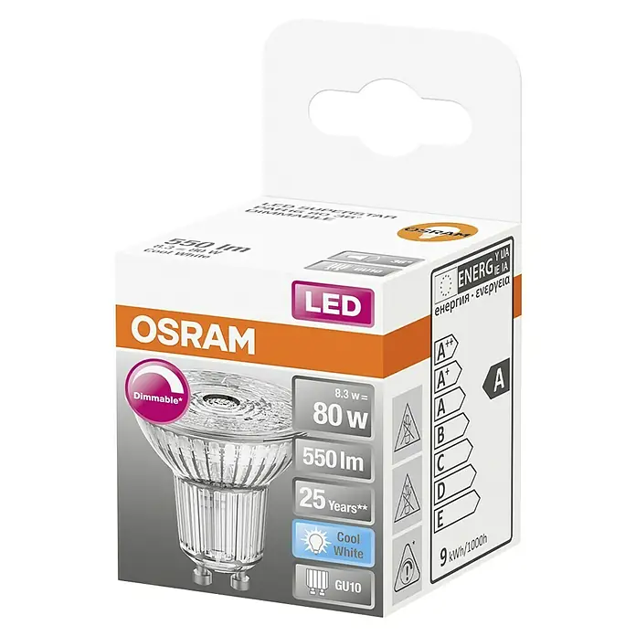 Osram Bombilla LED PAR16 - GU10, Intensidad regulable, Blanco frío, 550 lm, 8 W - Embalaje de una bombilla LED OSRAM regulable, equivalente a 80W con etiqueta energética A, ideal para crear ambiente.