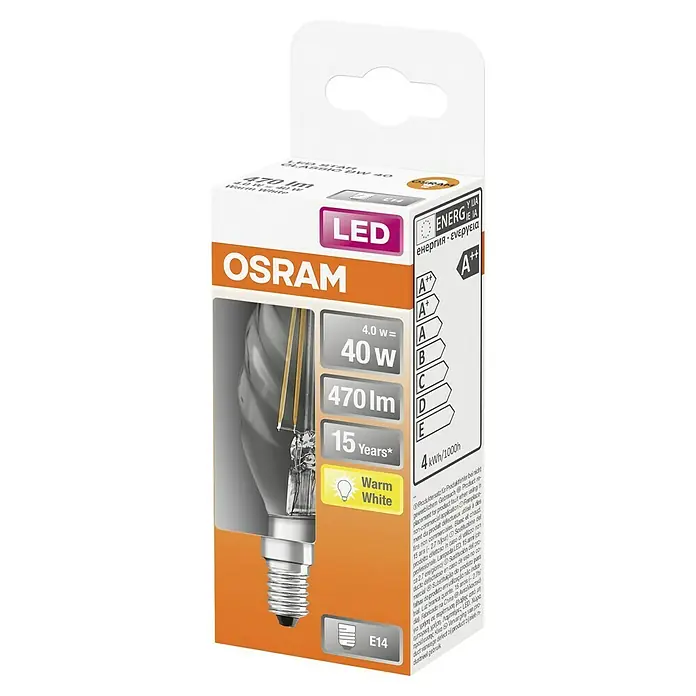 Osram Bombilla LED Retrofit Classic BW - E14, No regulable, Blanco cálido, 470 lm, 4 W - Imagen de una bombilla LED OSRAM de 4,0 W, 470 lm, luz blanca cálida y base E14, con una duración de 15 años.