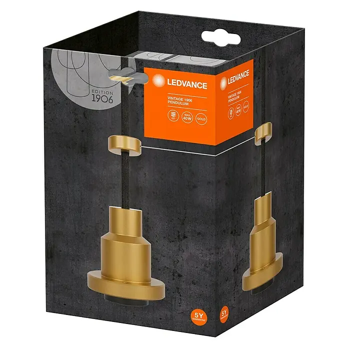 Osram Portalámparas de cuerda Vintage 1906 Pendulum Gold - Oro, 200 cm, 60 W, E27 - Primer plano de una lámpara colgante LEDVANCE Vintage 1906 en oro, empaquetada en una elegante caja que destaca el producto y sus características.