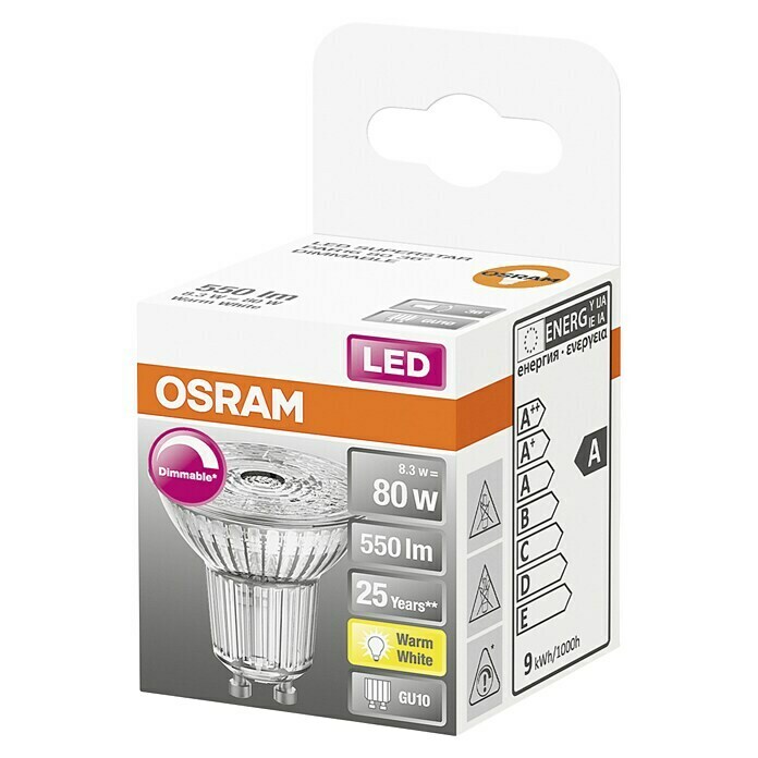 Osram Bombilla reflectora LED Superstar PAR16 (7,2 W, GU10, Ángulo focal: 36°, Blanco cálido, Clase de eficiencia energética: A+)