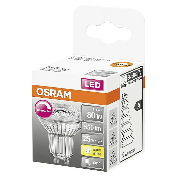 Osram Bombilla LED Superstar PAR16 - GU10, Intensidad regulable, Blanco cálido, 575 lm, 8 W - Imagen del producto de una lámpara LED Osram de la serie LED Superstar PAR16 80 36° con 550 lúmenes, regulable y blanco cálido.