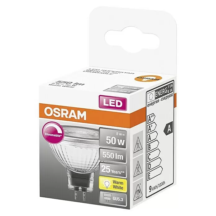 Osram LED-Lampe Pin G4 MR16 - GU5,3, Dimmbar, Warmweiß, 621 lm, 7,8 W - Diagonale Ansicht