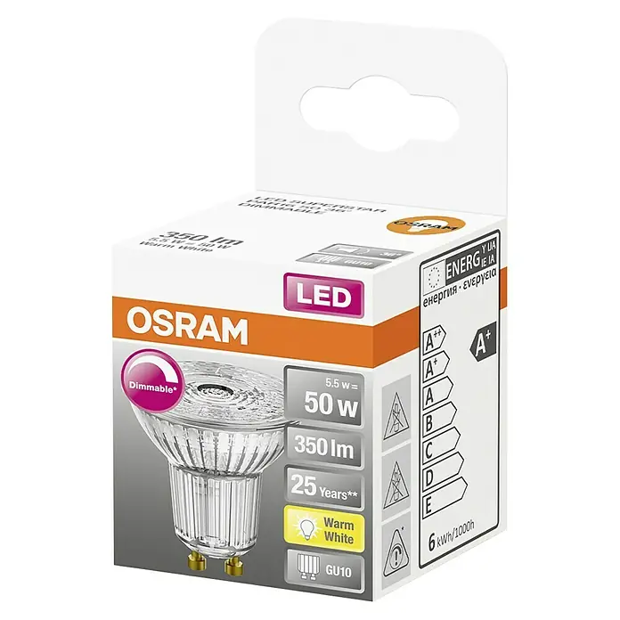 Osram Bombilla LED Star PAR16 - GU10, Intensidad regulable, Blanco cálido, 350 lm, 5,5 W - Esta imagen muestra una lámpara Osram LED Superstar PAR50 36°, regulable, con 350 lm, luz blanca cálida y una vida útil de 25 años.