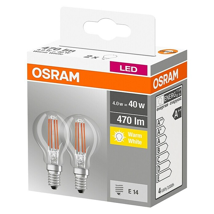 Osram Retrofit Ledlampen set Star Classic P 40 (E14, Niet dimbaar, Warm wit, 470 lm, 4 W, 2 st.) | BAUHAUS